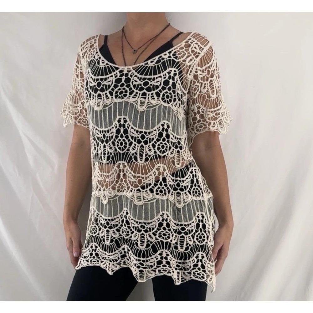 Boho Sheer Crochet Tunic Top L Country Cowgirl Rodeo Festival Layering Shabby